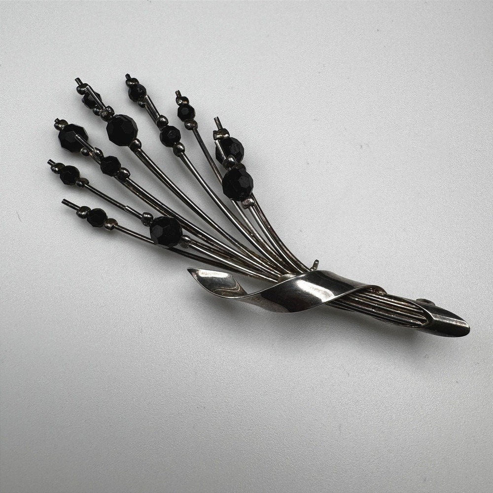 Vintage MCM Silver‎ Tone Black Glass Bead Spray Brooch Atomic Floral Pin Retro